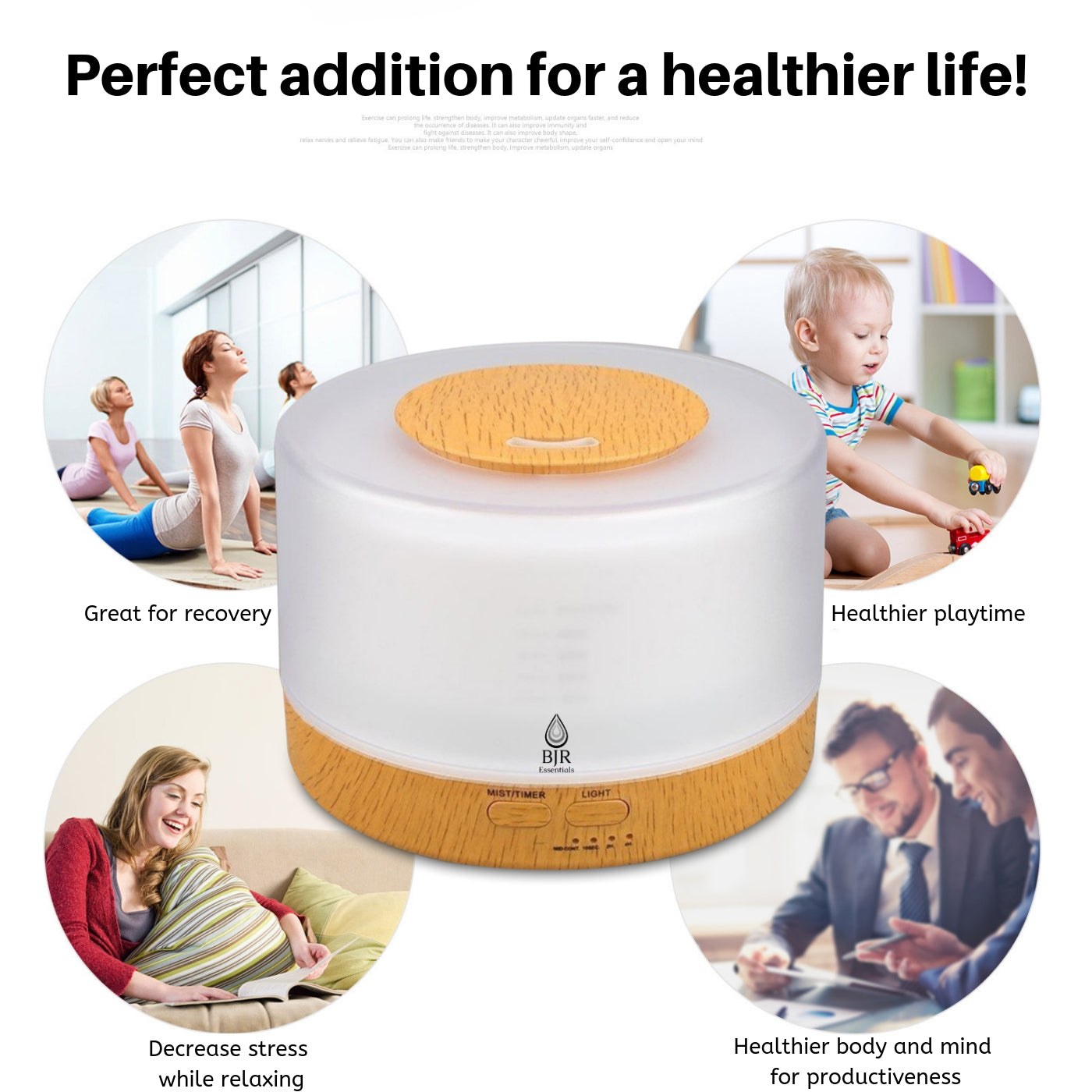 BJR Essentials 500ml Premium, Essential Oil Diffuser, 5 in 1 Ultrasonic Aromatherapy Fragrant Oil Vaporizer Humidifier, Ultra Quiet With Timer and Auto-Off Safety Switch, Changeable And Selective 7 LED Light Colours, All Settings Responsive To REMOTE!